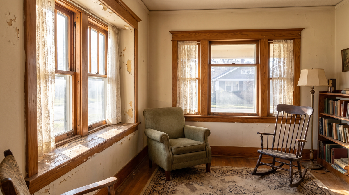 Peeling and chipping old paint on the interior wall and trim of an aging residential home