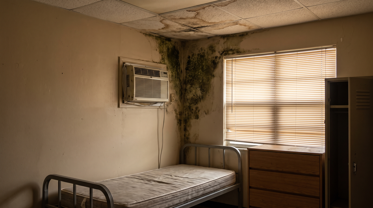 A close-up of black and green mold spreading across the interior drywall of a home, near a window frame