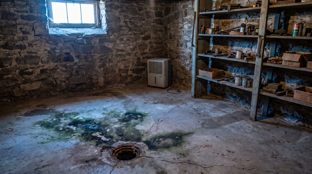 A water-stained interior ceiling and wall of a home showing brown moisture damage rings and peeling paint