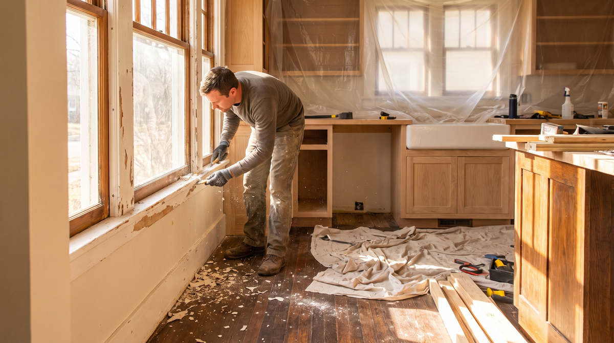 Peeling and chipping old paint on the interior wall and trim of an aging residential home
