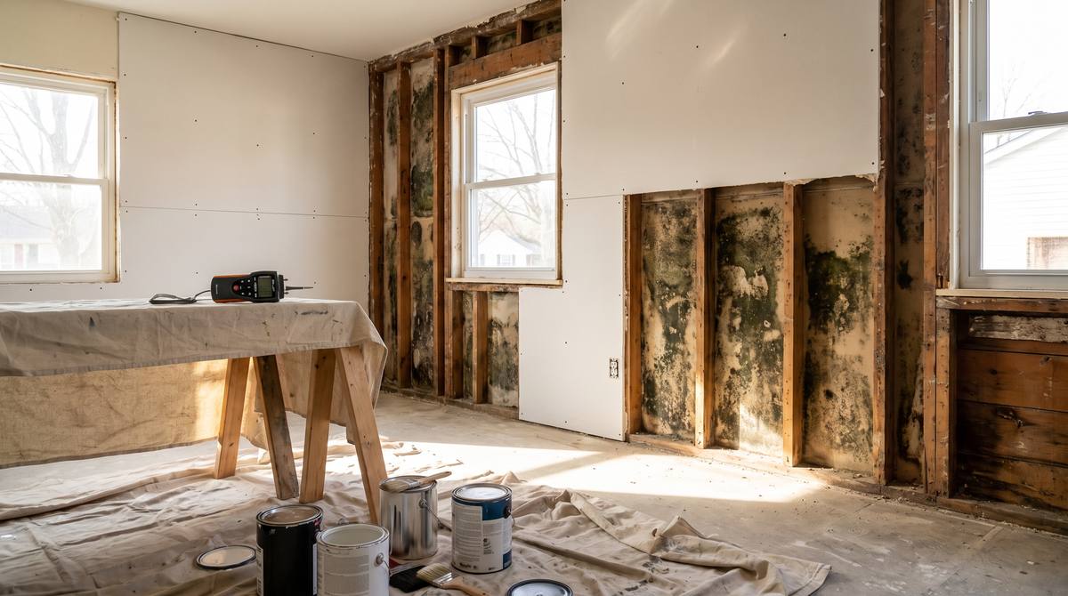 A water-stained interior ceiling and wall of a home showing brown moisture damage rings and peeling paint