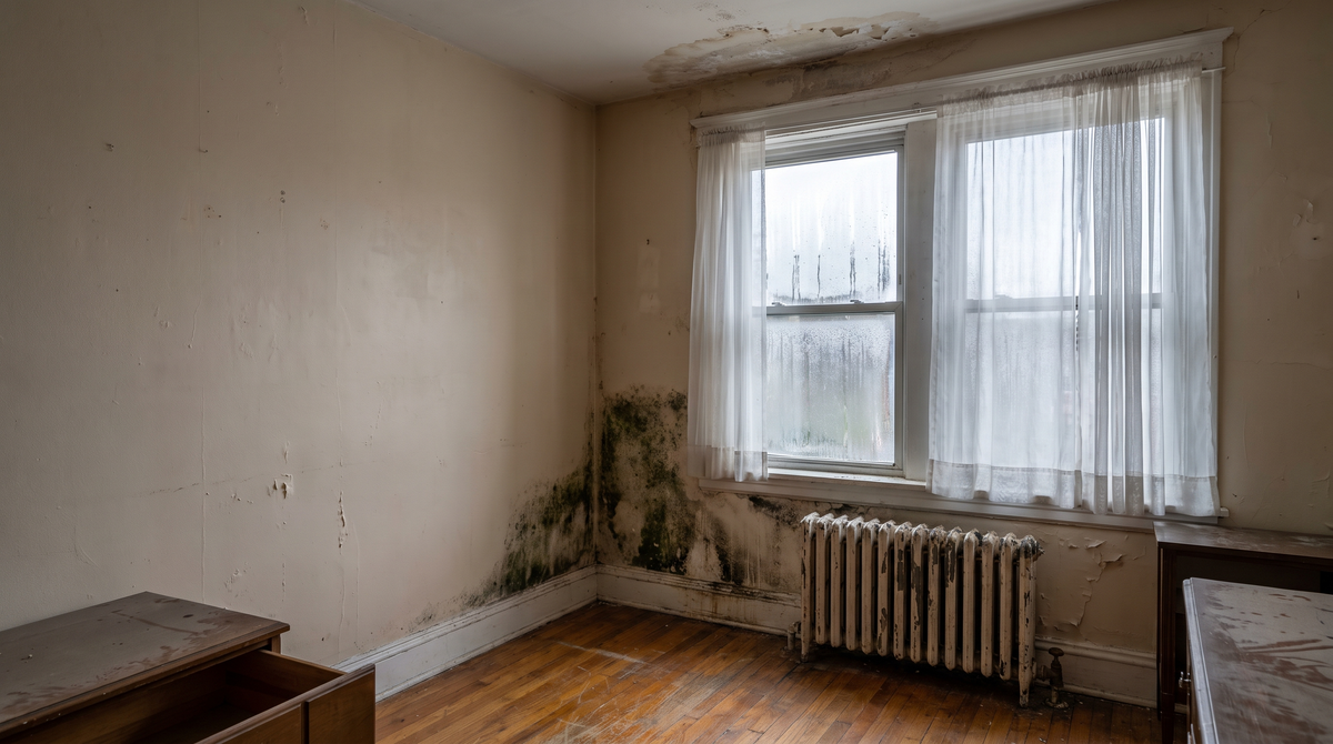 The interior of a home damaged by storm or hurricane flooding, water-soaked walls, warped flooring and debris, photograp
