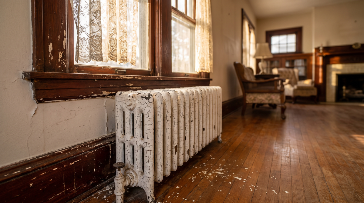A close-up of cracked, peeling old lead paint alligatoring on a wooden window frame of a vintage home