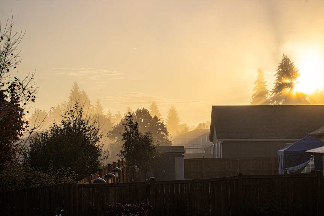 The sun is setting behind a fence in a neighborhood