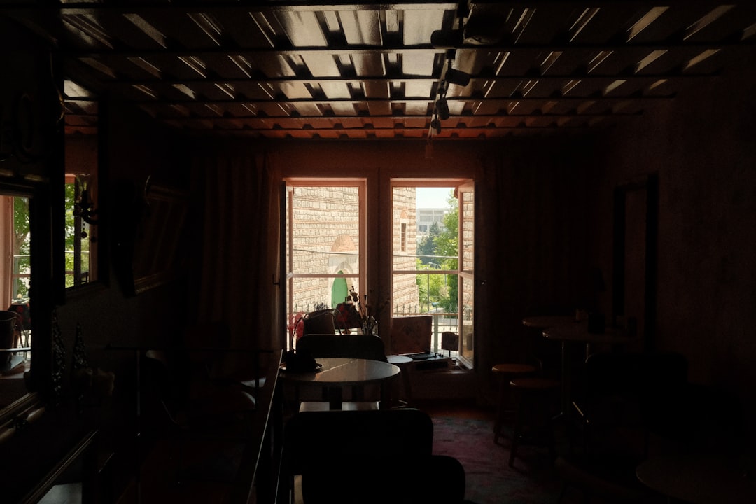 Dark room with bright windows overlooking a sunny street.